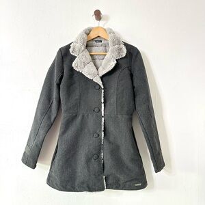 Women's charcoal grey button down coat with faux fur collar